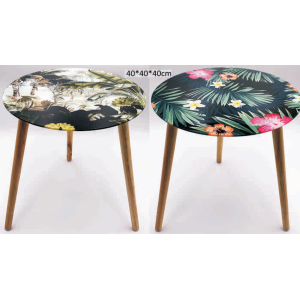 MESA DE VIDRO FJT-12 DECORADA PÉ DE MADEIRA